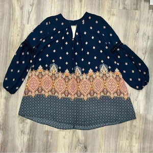 Hint of Mint 3/4 Sleeve Navy Paisley Tunic Top Flowy Boho Hippie Dress Size XL